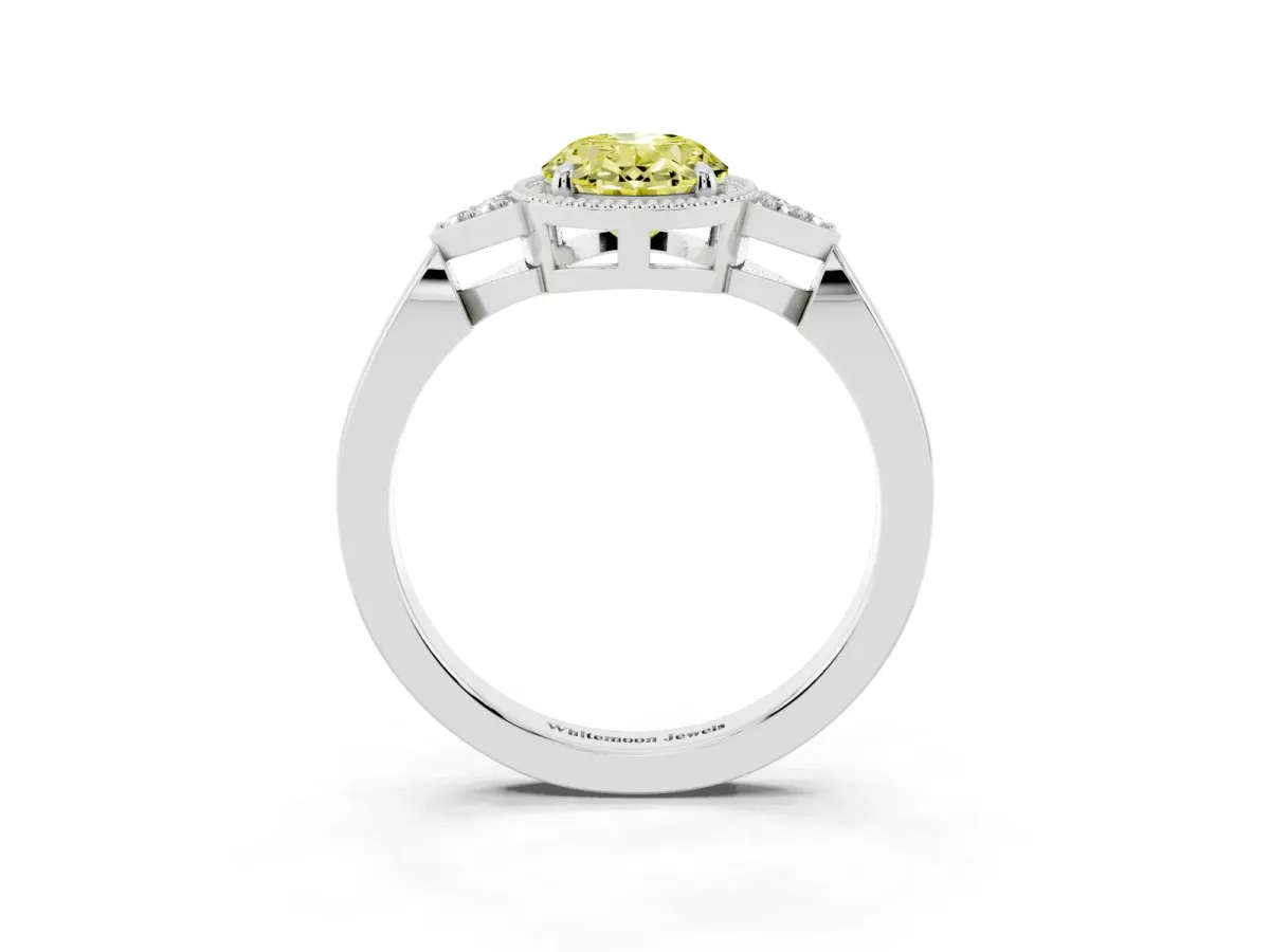 Fancy Yellow Oval Cut Diamond Halo Ring with Tapered Band and Four-Prong Setting Platinum