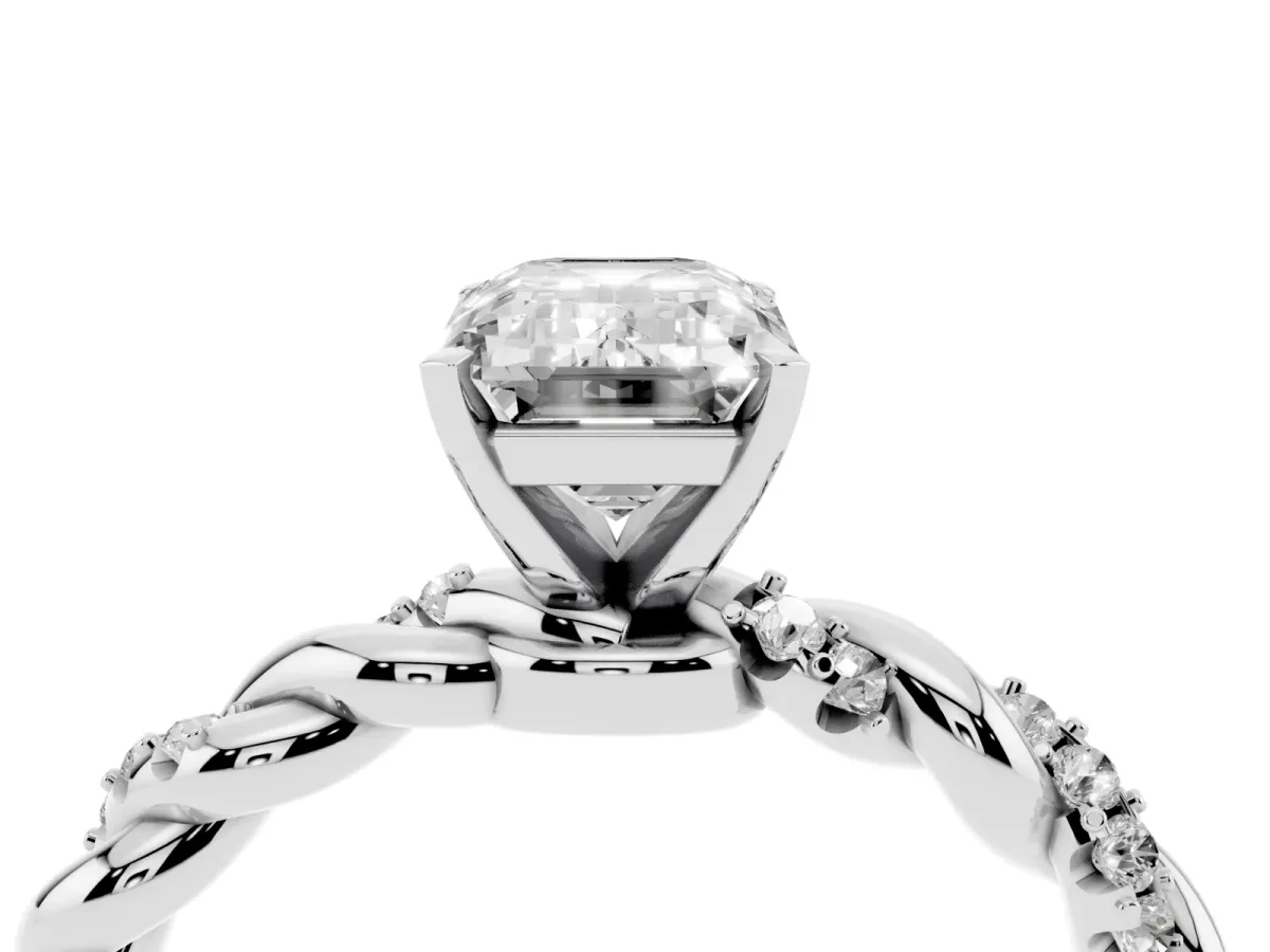 Emerald Cut Diamond Solitaire Ring with Twisted Band and Pavé Accents Silver