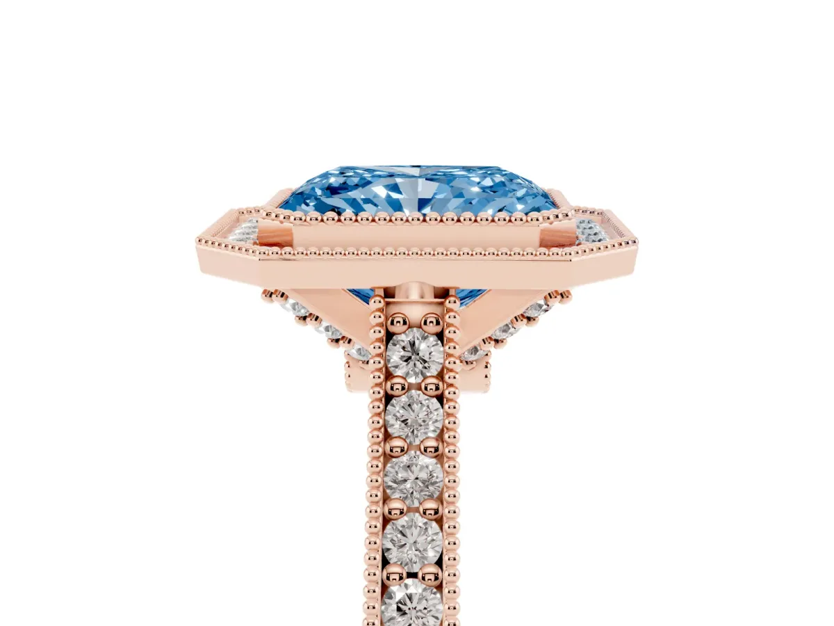 Fancy Blue Halo Radiant Cut-Cut Diamond Pave Band Milgrain Prong Setting Ring Rose gold
