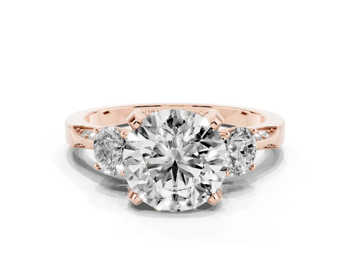 Round Cut Brilliant Three-Stone Diamond Ring with Pavé Band and Four-Prong Setting Rose gold