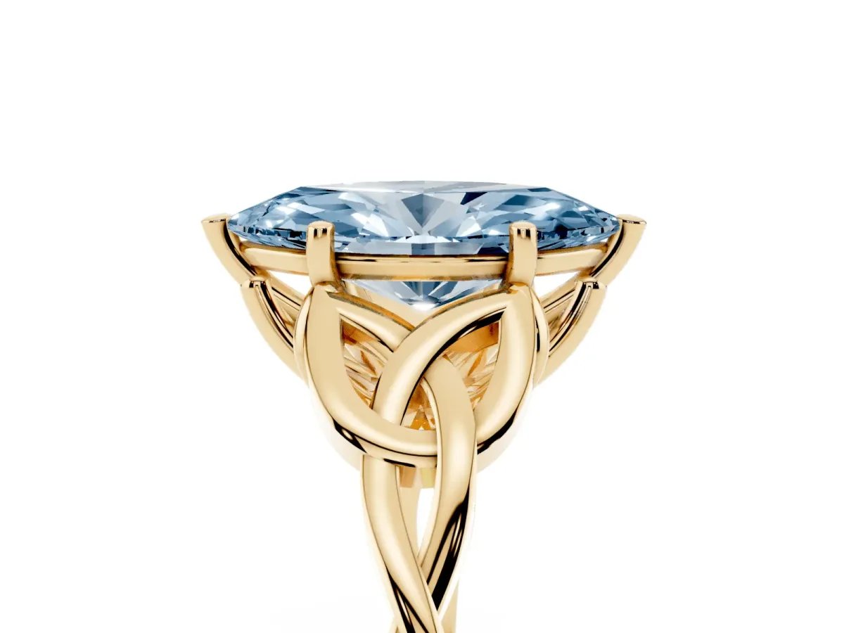 Fancy Blue Marquise Cut Diamond Solitaire Engagement Ring with Celtic Knot Band and Four-Prong Setting Yellow gold