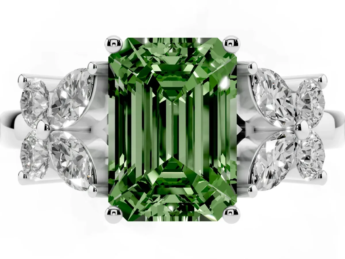 Fancy Green Emerald Cut Diamond Floral Cluster Ring with Solitaire Band and Prong Setting Platinum