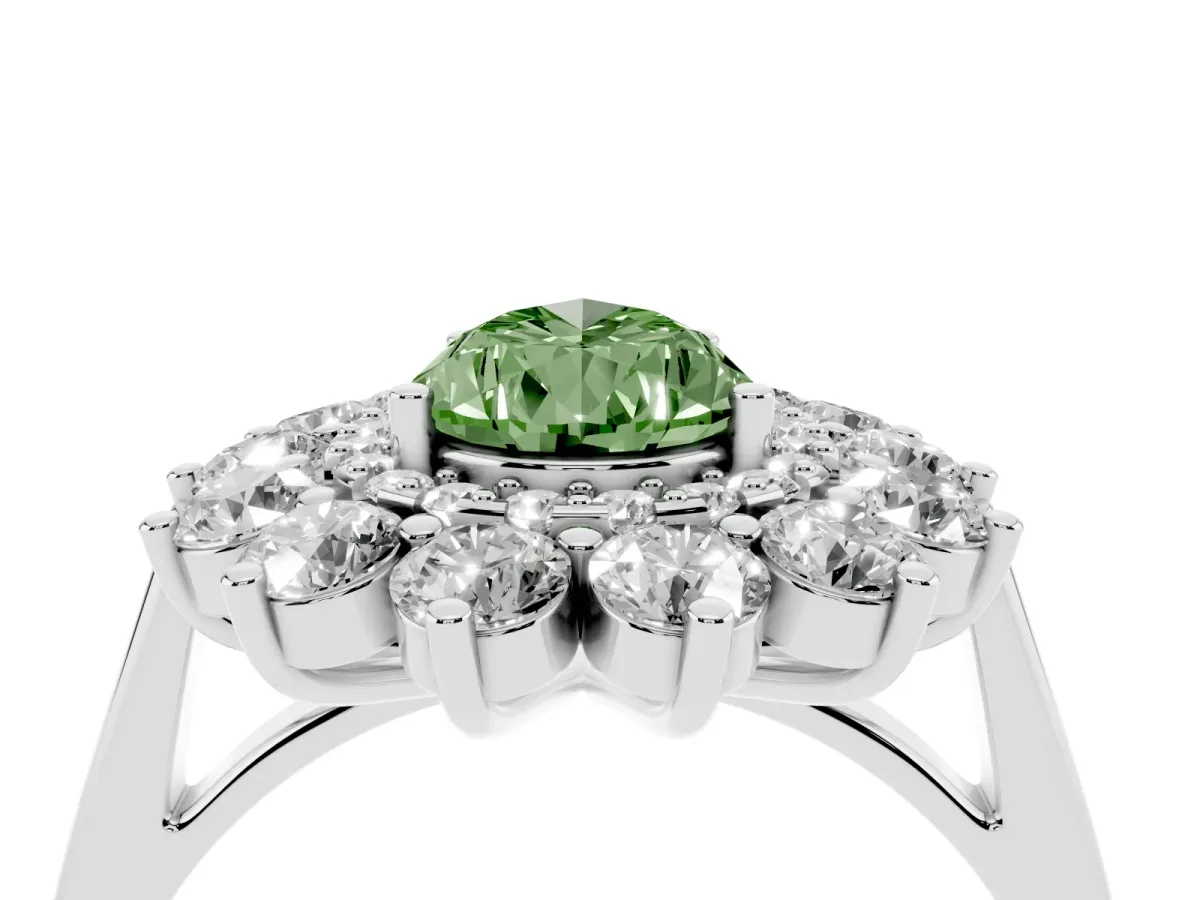 Fancy Green Pear Cut Diamond Floral Double Halo Engagement Ring with Prong Setting Silver