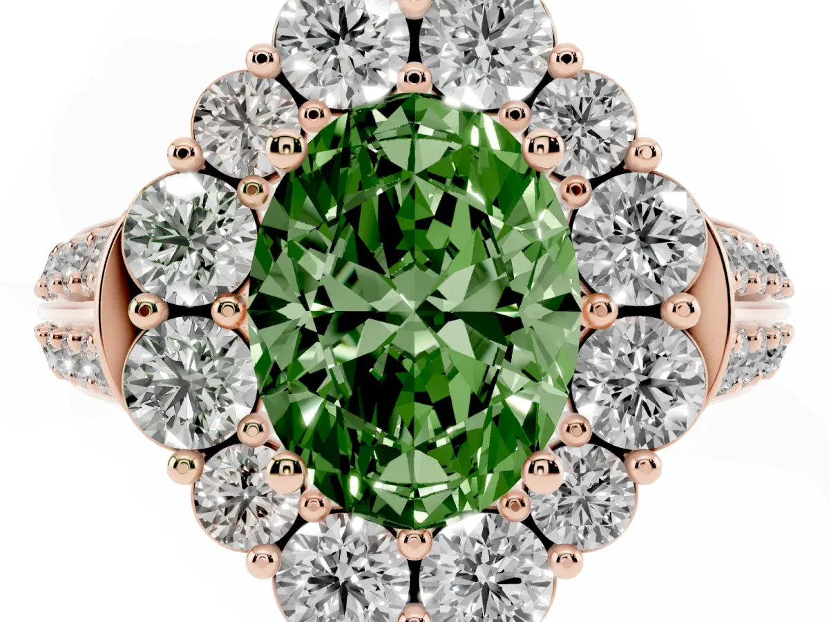 Fancy Green Oval Cut Halo Diamond Engagement Ring with Split Shank and Prong Setting Rose gold