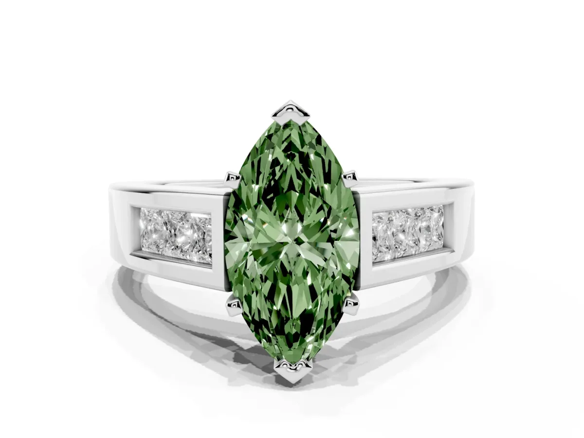 Fancy Green Marquise Cut Cut Channel Set Solitaire Ring with Four-Prong Setting Platinum