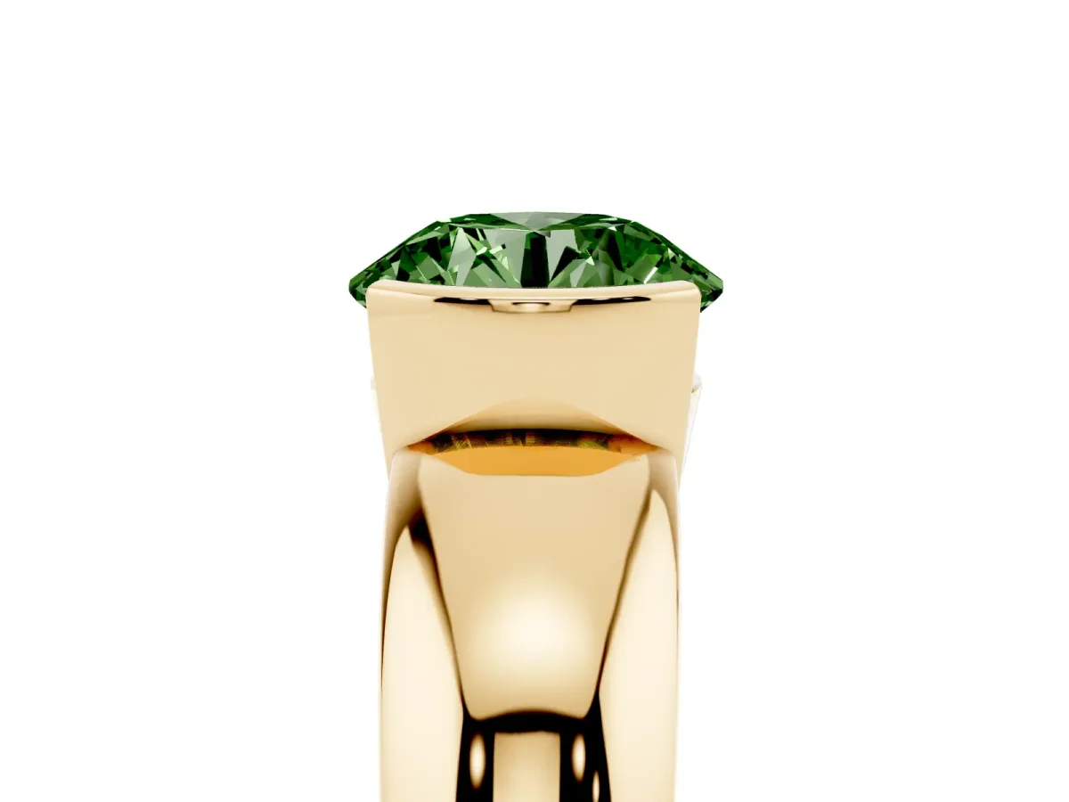 Fancy Green Round Cut Solitaire Tension Set Diamond Ring with Wide Band Yellow gold