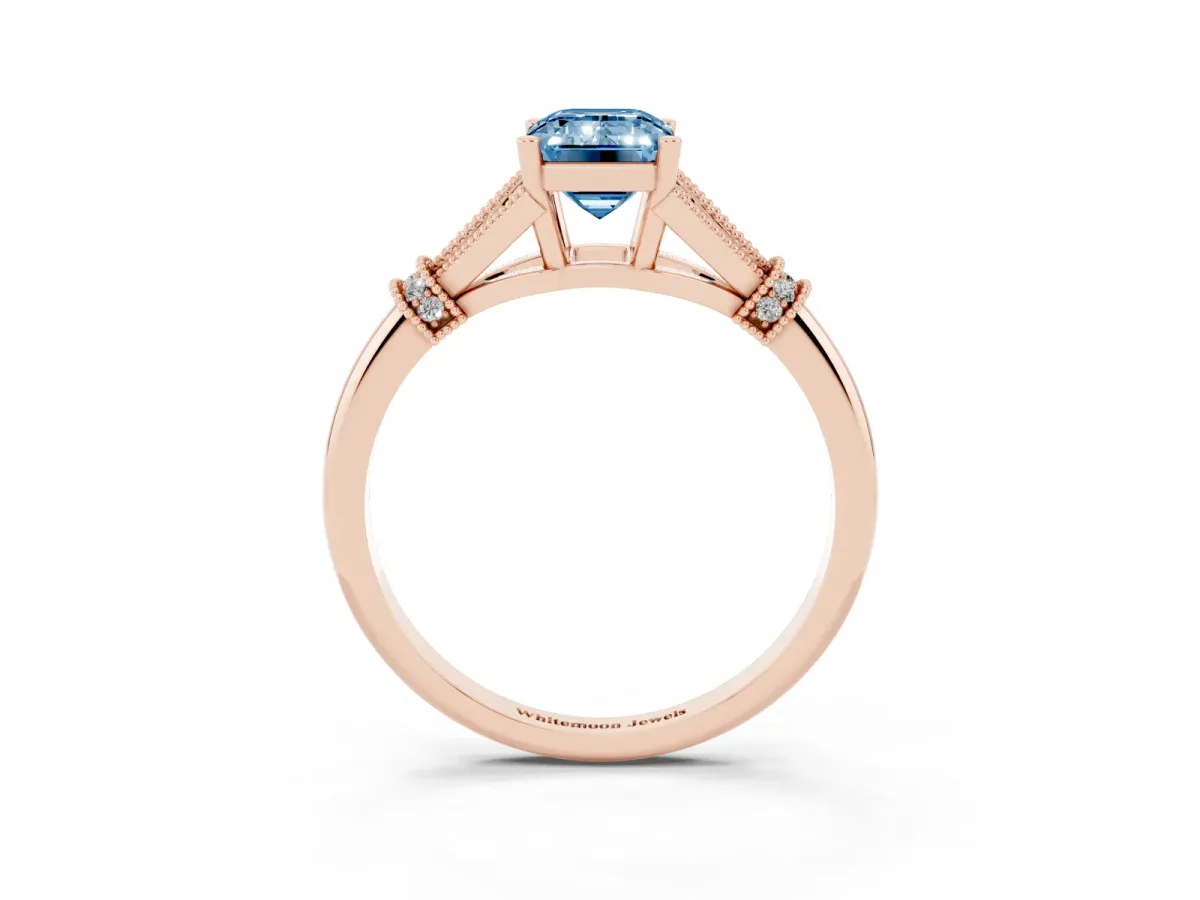 Fancy Blue Emerald Cut Diamond Solitaire Ring with Floral Filigree and Pave Accents Rose gold