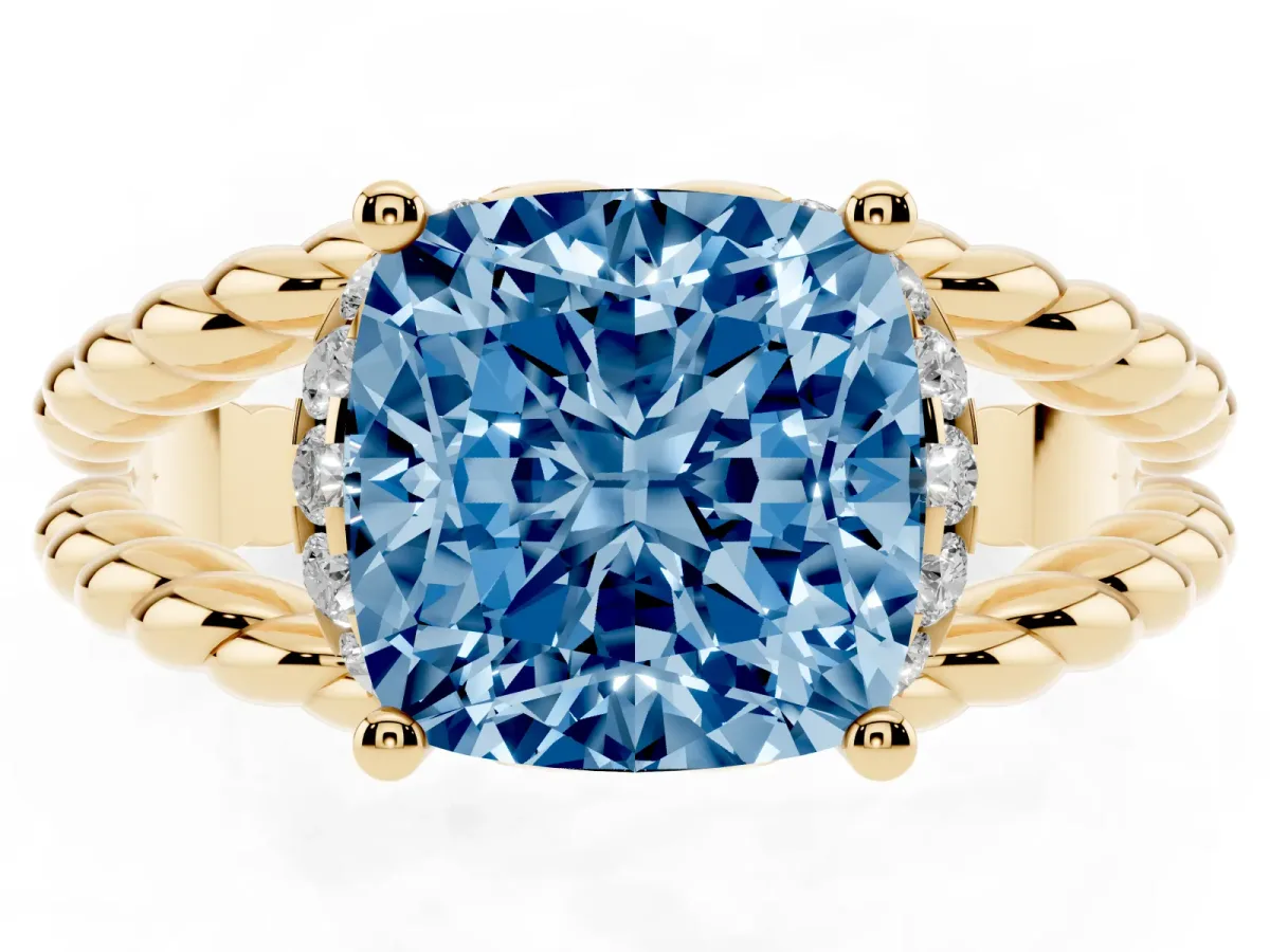 Fancy Blue Cushion Cut Halo Twisted Band Four-Prong Ring Yellow gold