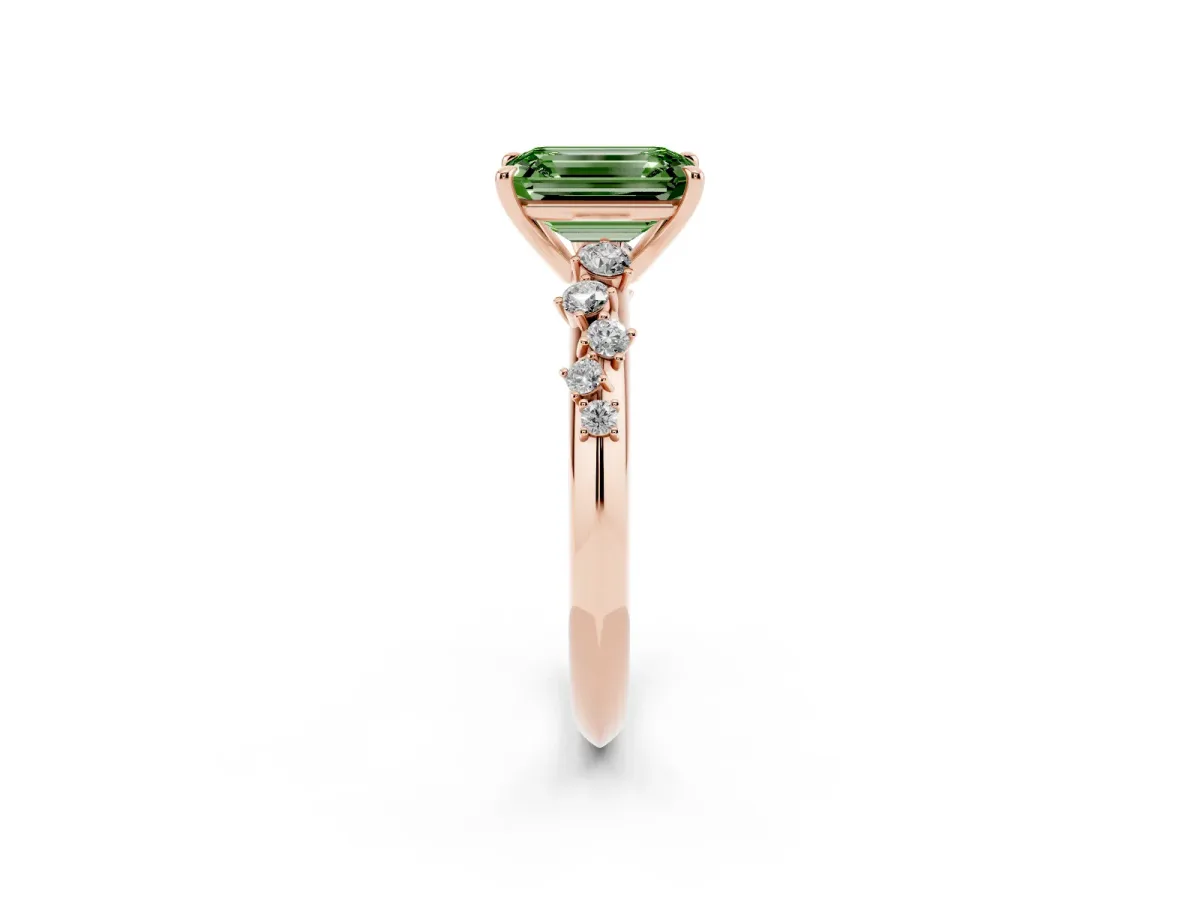 Fancy Green Emerald Cut Diamond Cluster Side Stone Solitaire Ring with Prong Setting Rose gold