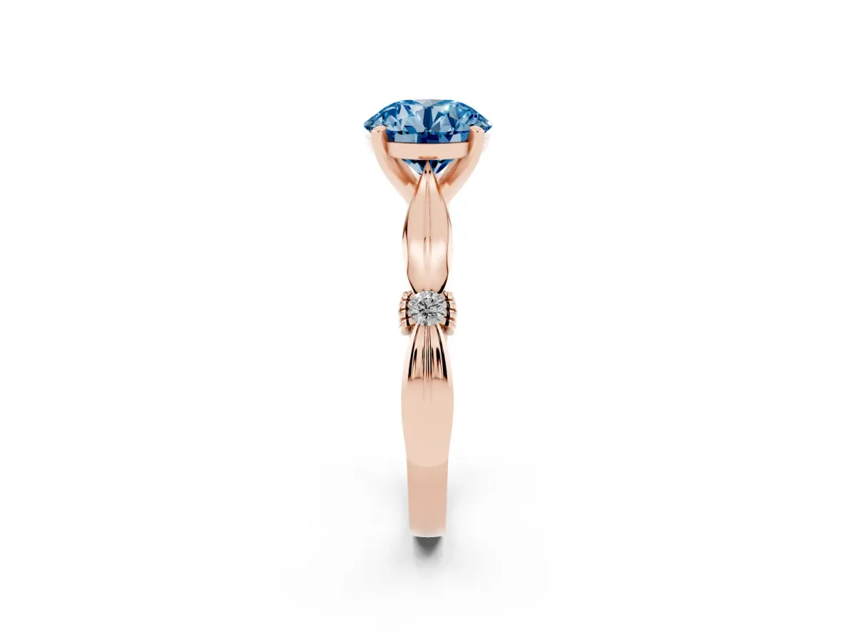 Fancy Blue Round Cut Solitaire Diamond Twisted Band with Four-Prong Setting Rose gold