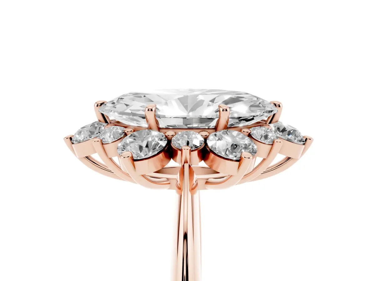 Marquise Cut Diamond Cluster Halo Ring with Solitaire Band and Four-Prong Setting Rose gold