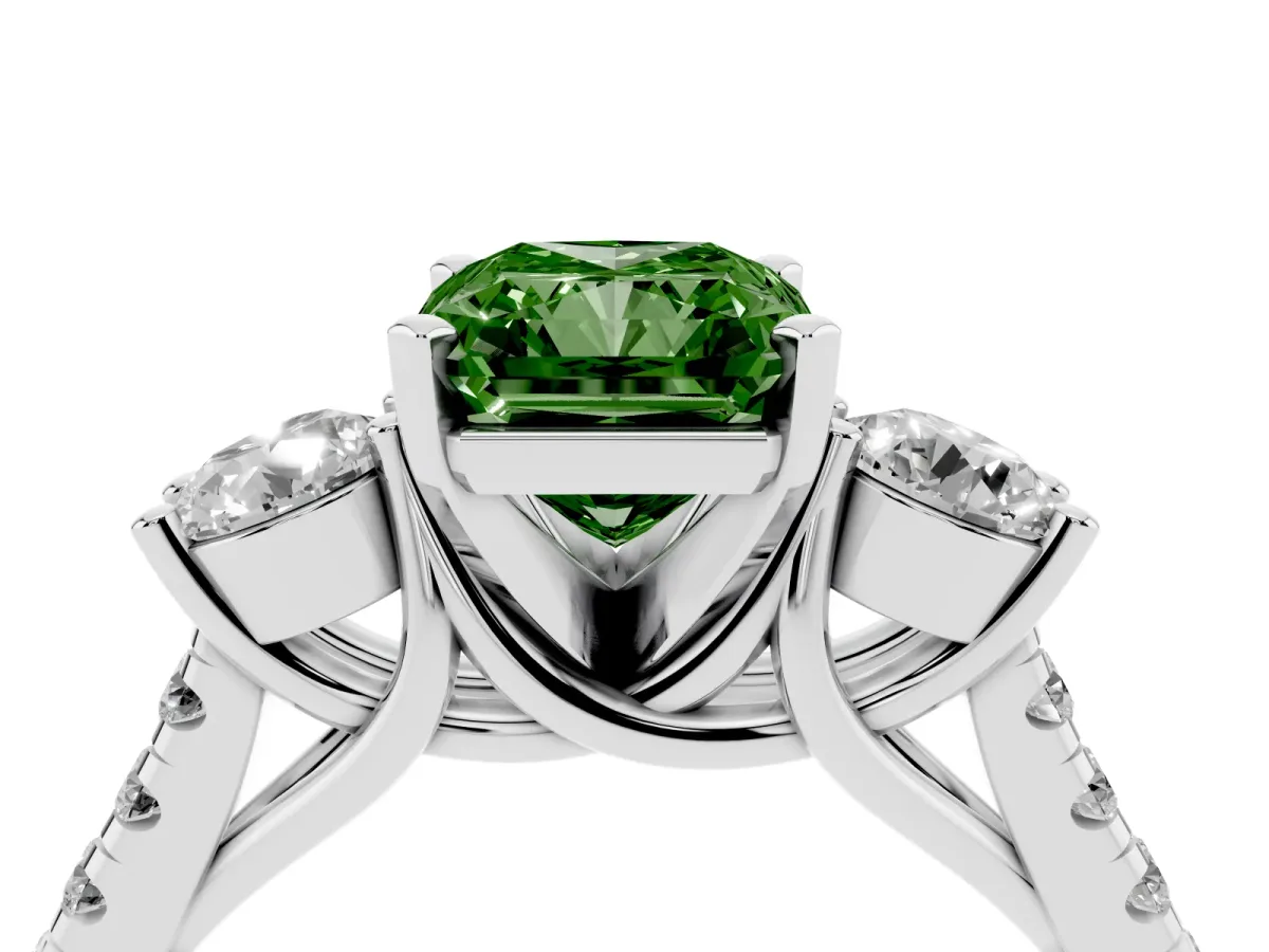 Fancy Green Three-Stone Radiant Cut Diamond Pavé Band with Four-Prong Setting Silver
