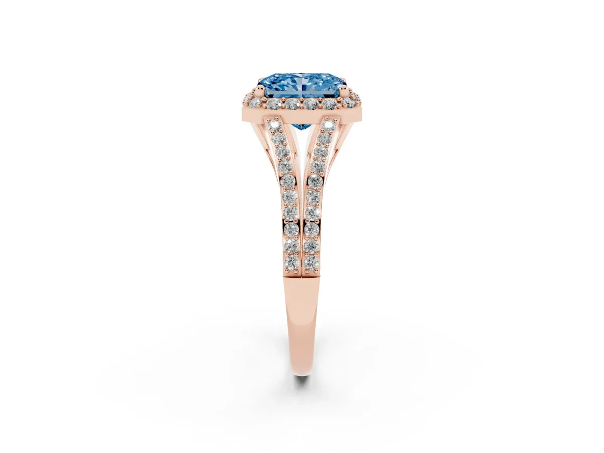 Fancy Blue Radiant Cut Halo Split Shank Diamond Ring with Prong Setting Rose gold