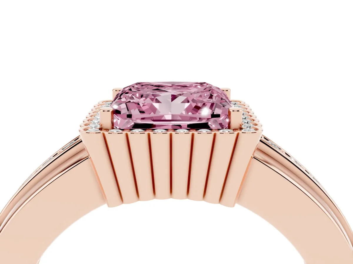 Fancy Pink Princess Cut Cut Halo Pave Band Four-Prong Ring Rose gold