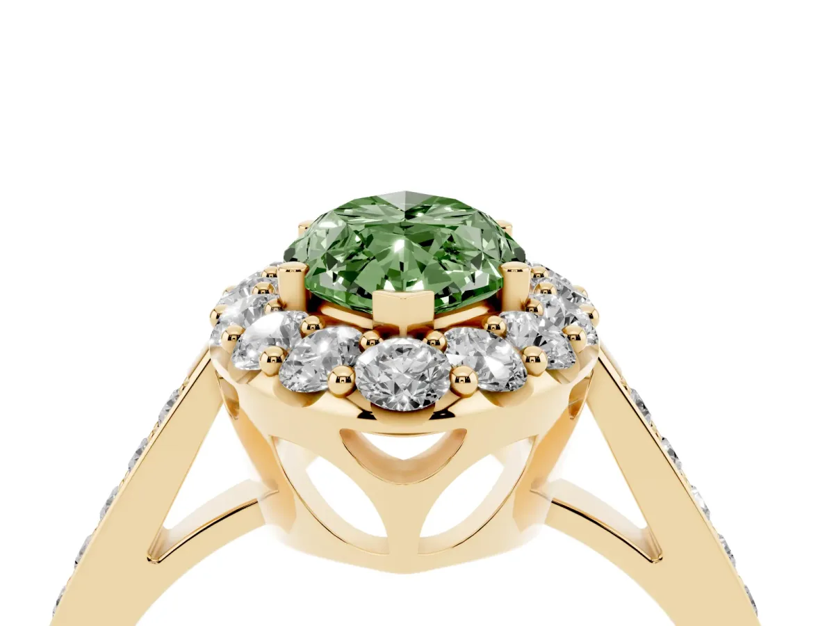 Fancy Green Marquise Cut Diamond Floral Halo Ring with Pavé Band and Prong Setting Yellow gold