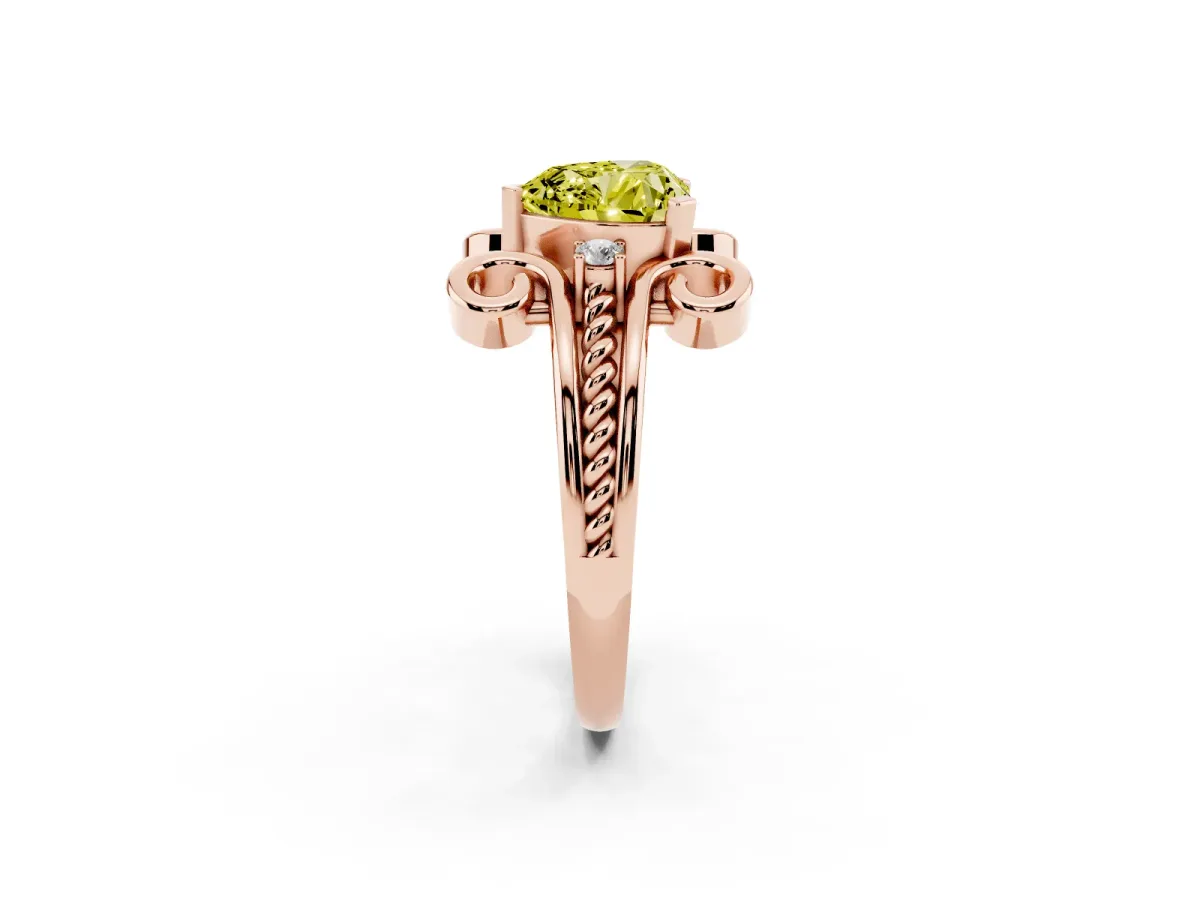Fancy Yellow Heart Cut Solitaire Twisted Band Scroll Prong Ring Rose gold