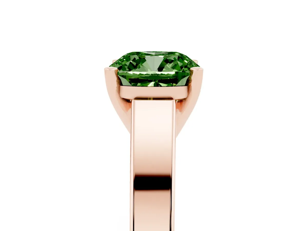 Fancy Green Cushion Cut Solitaire Engagement Ring with Four-Prong Setting and Tapered Band Rose gold
