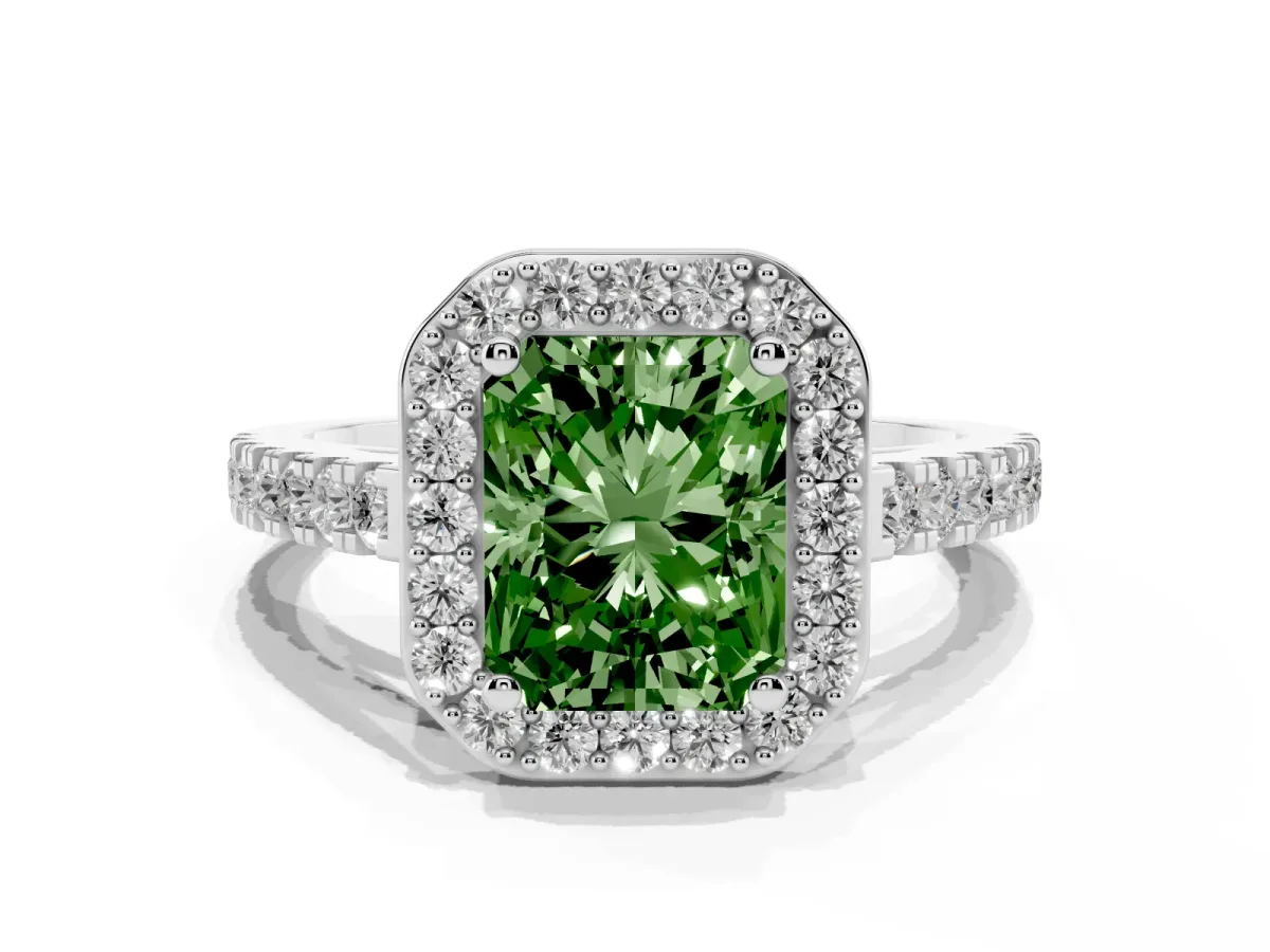 Fancy Green Radiant Cut Diamond Halo Ring with Round Pavé Split Shank and Prong Setting Silver