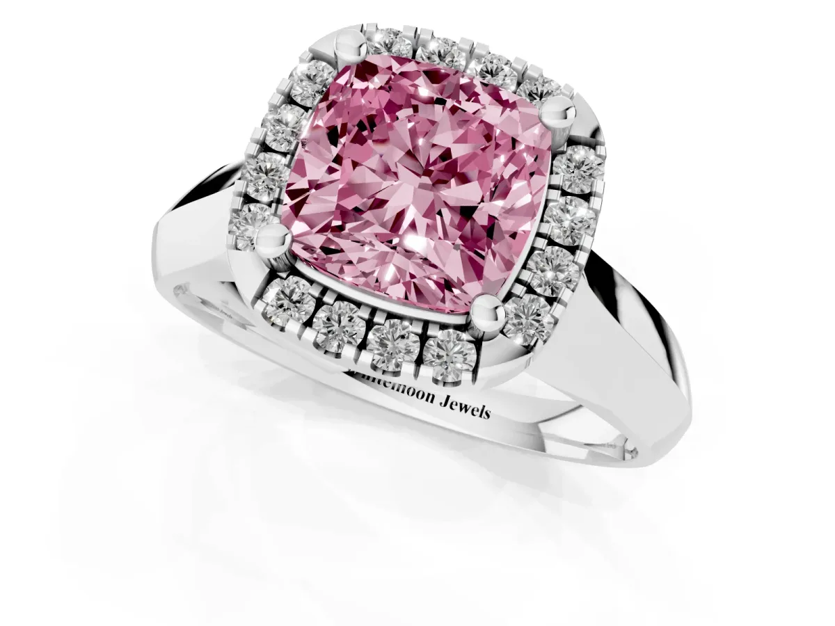 Fancy Pink Cushion Cut Cut Halo Solitaire Engagement Ring with Square Band and Four-Prong Setting White gold