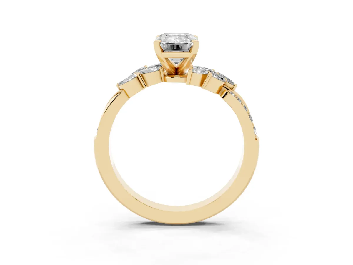 Emerald Cut Solitaire Marquise Twist Band with Six-Prong Setting Yellow gold