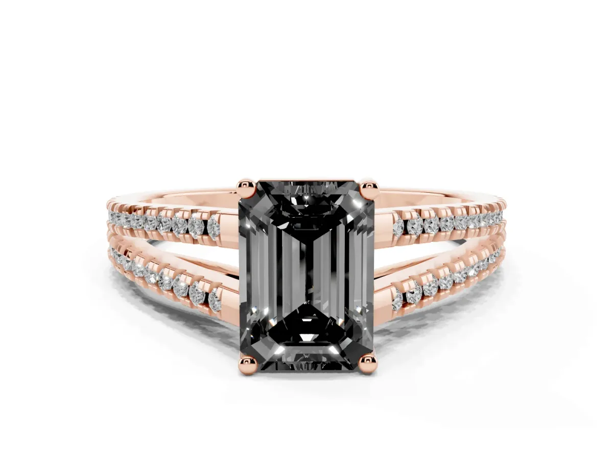 Fancy Black Emerald Cut Diamond Solitaire Engagement Ring with Split Shank Pavé Band Rose gold