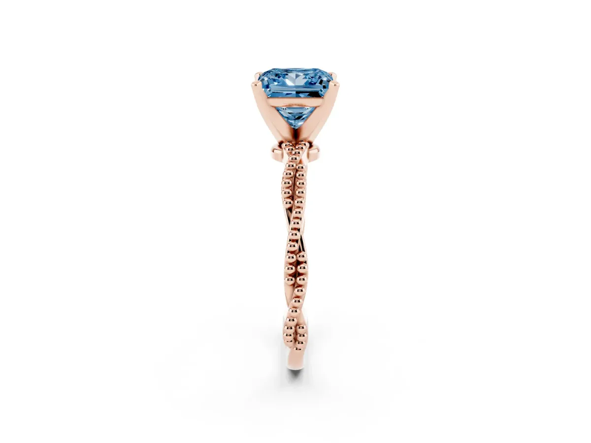 Fancy Blue Princess Cut Solitaire Twisted Band with Bead Prong Setting Rose gold