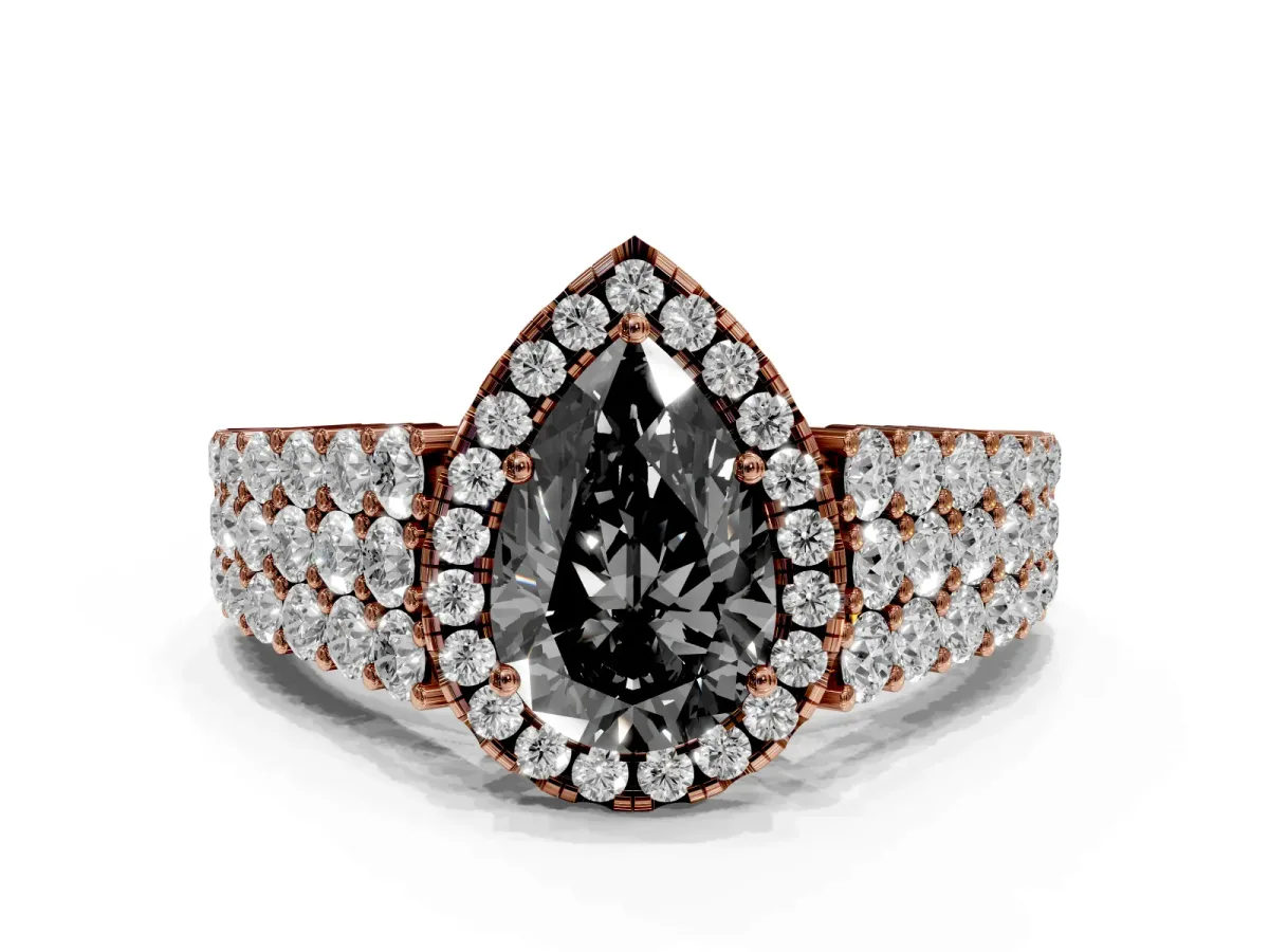 Fancy Black Pear Cut Diamond Halo Engagement Ring with Triple Row Round Pavé Band and Prong Setting Rose gold