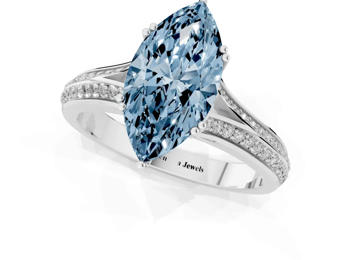 Fancy Blue Marquise Cut Diamond Split Shank Engagement Ring with Pavé Band Silver