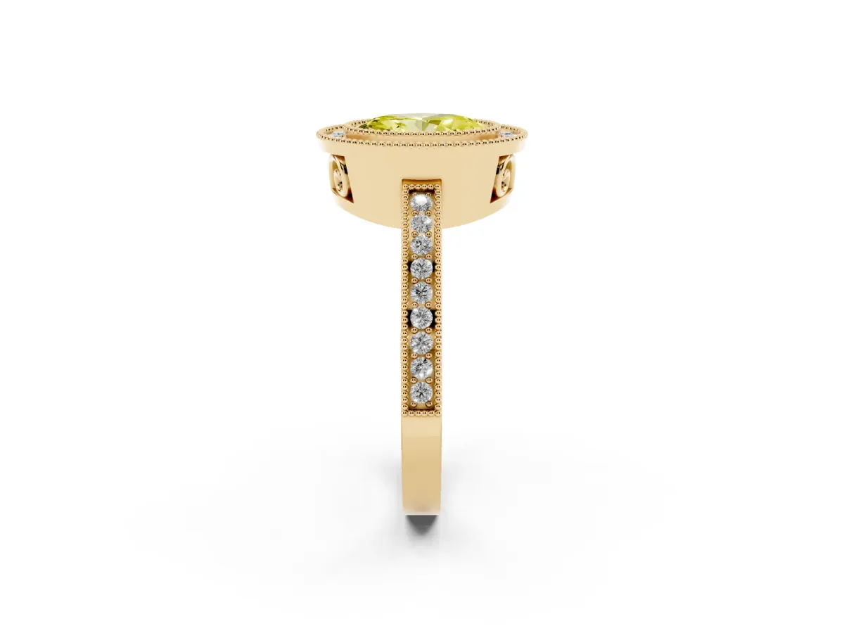 Fancy Yellow Oval Cut Cut Halo Diamond Ring with Pavé Band and Milgrain Prong Setting Yellow gold
