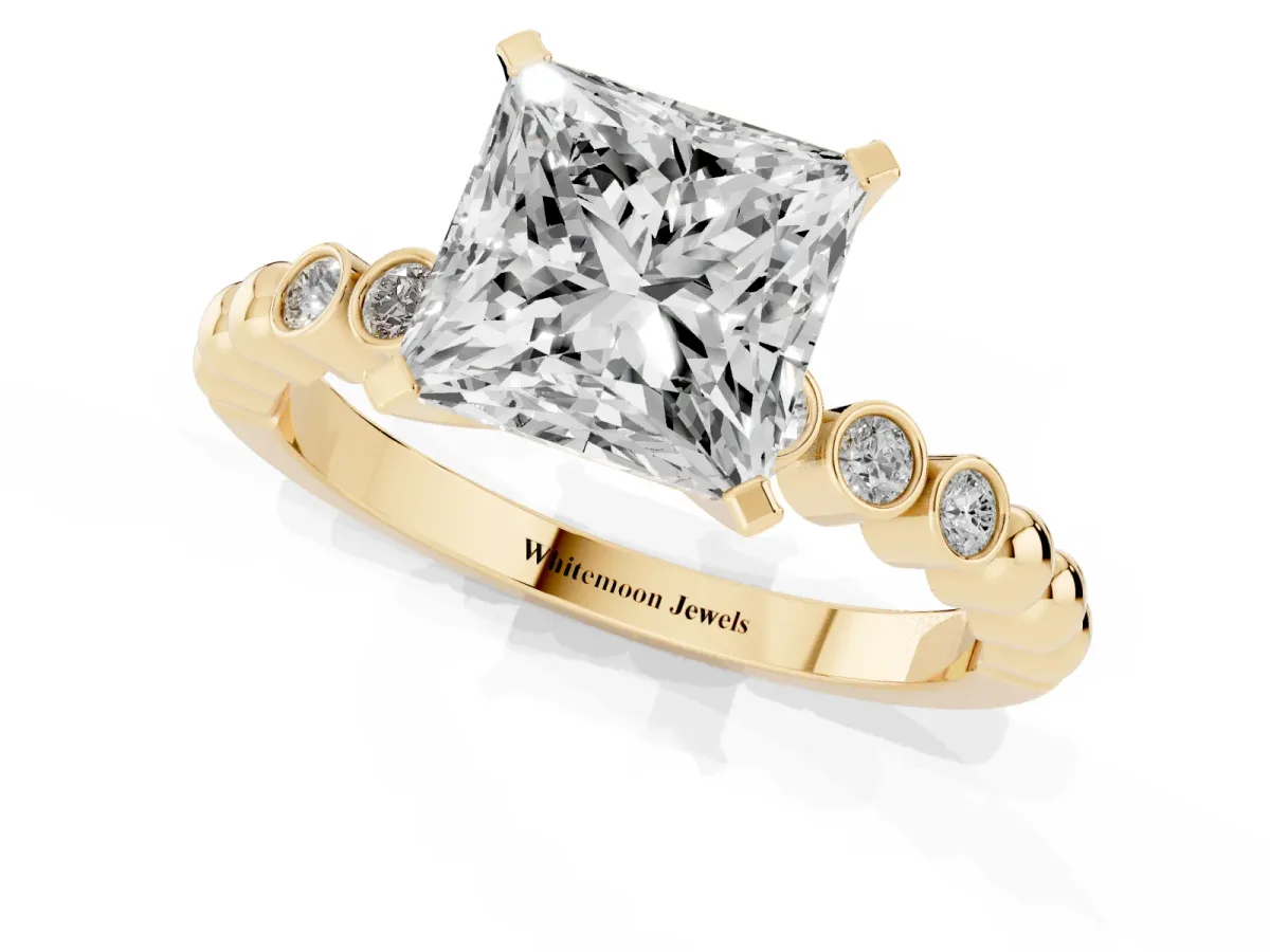Princess Cut Solitaire Bezel Accent Diamond Engagement Ring with Beaded Band and Four-Prong Setting Yellow gold