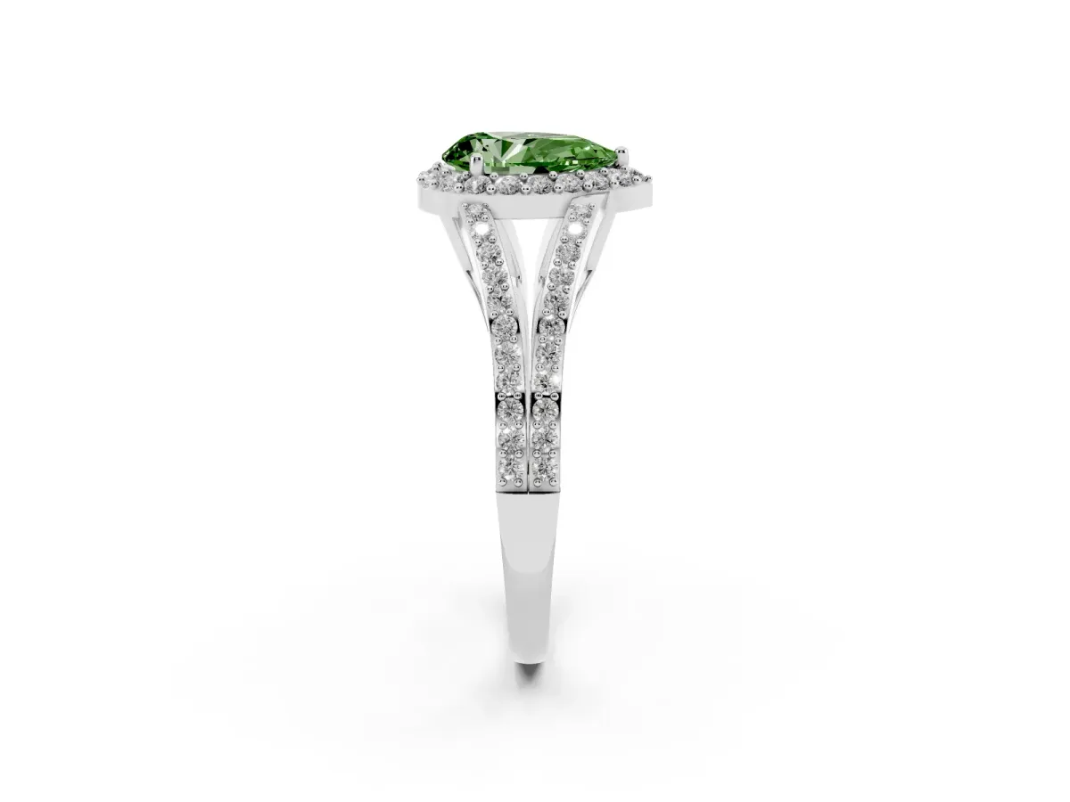 Fancy Green Pear Cut Halo Split Shank Diamond Ring with Prong Setting Silver