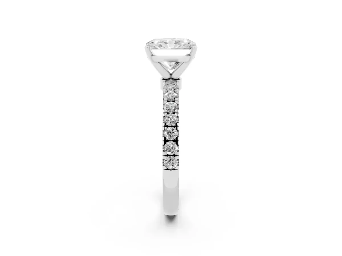 Radiant Cut Diamond Solitaire Ring with Pavé Accents and Four-Prong Setting Platinum