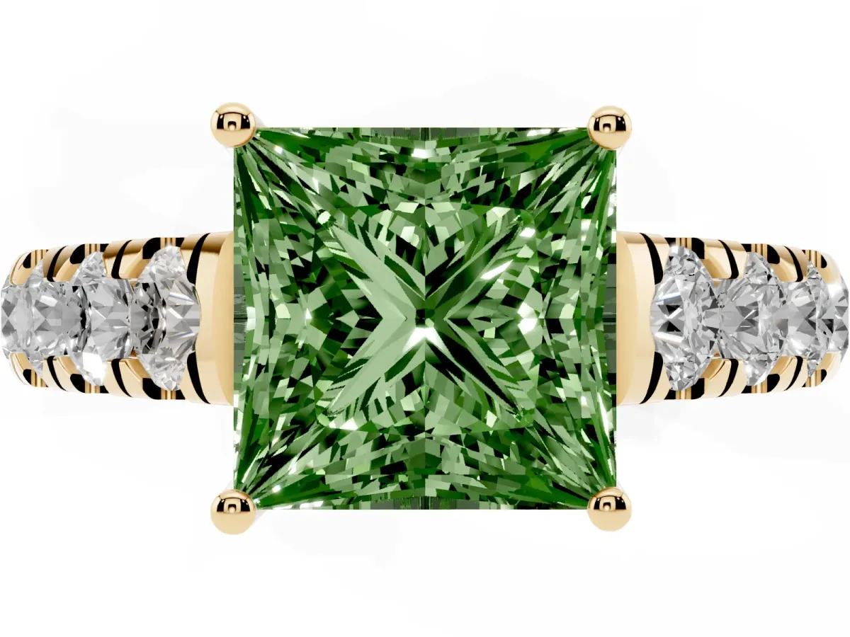 Fancy Green Princess Cut Cut Diamond Solitaire Ring with Micro Pave Band and Prong Setting Yellow gold