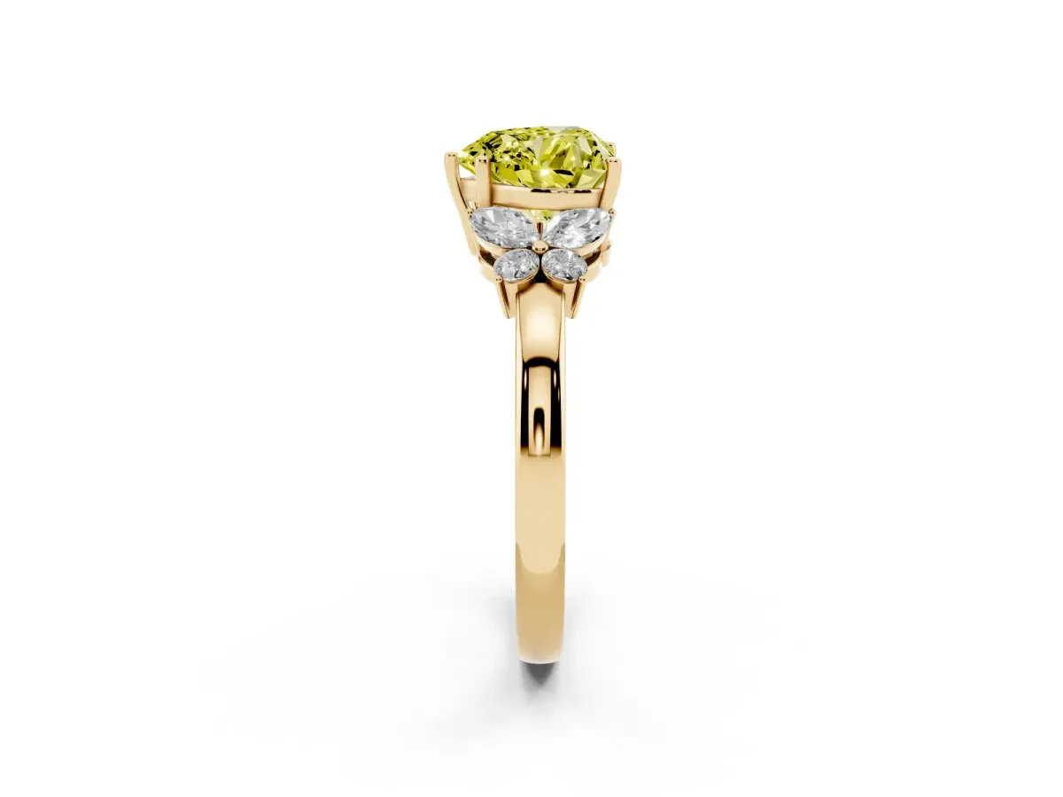 Fancy Yellow Heart Cut Cut Solitaire Floral Diamond Ring with Four-Prong Setting Yellow gold