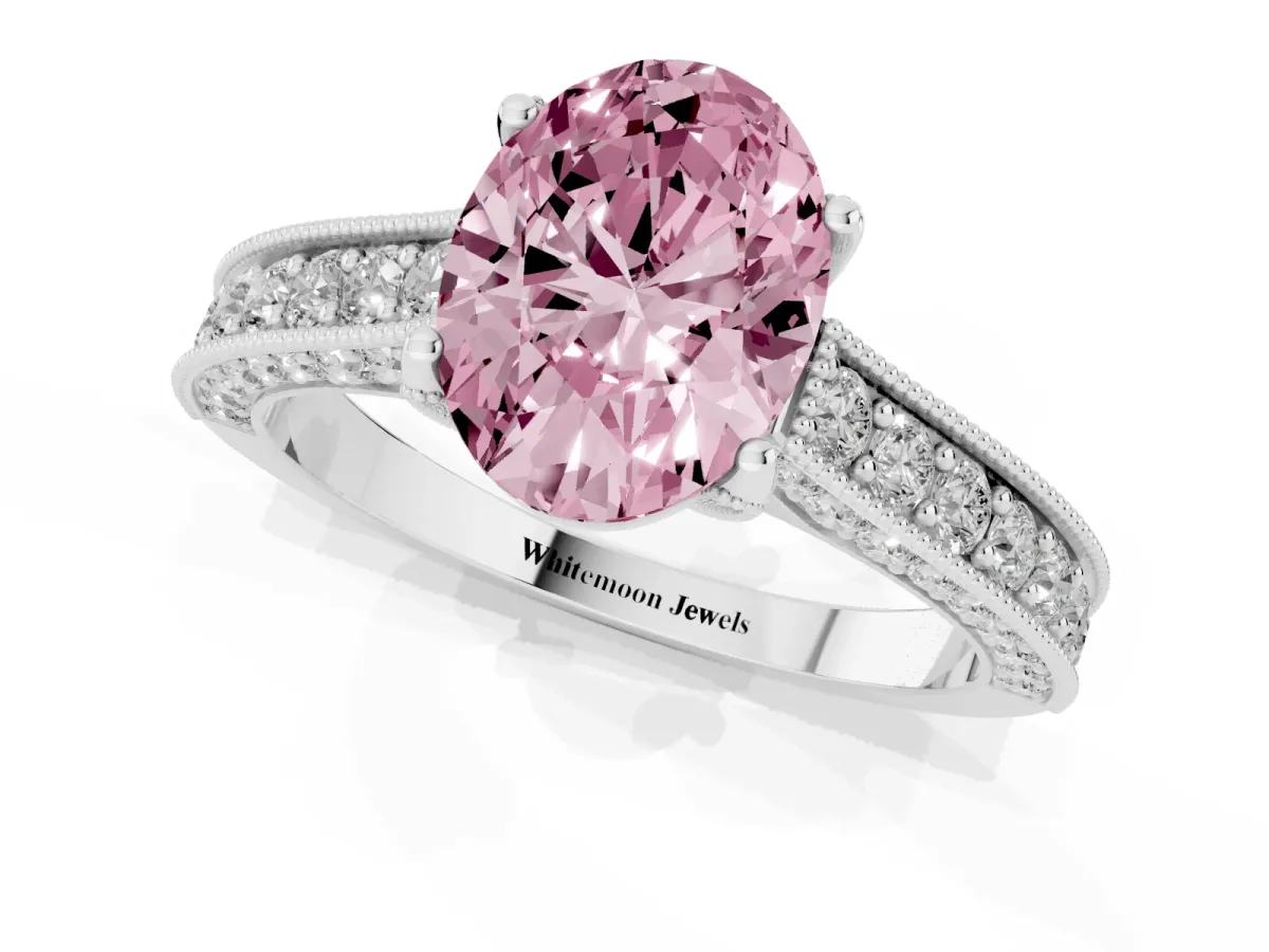 Fancy Pink Oval Cut Cut Diamond Solitaire Ring with Milgrain Pave Band and Four Prong Setting Silver