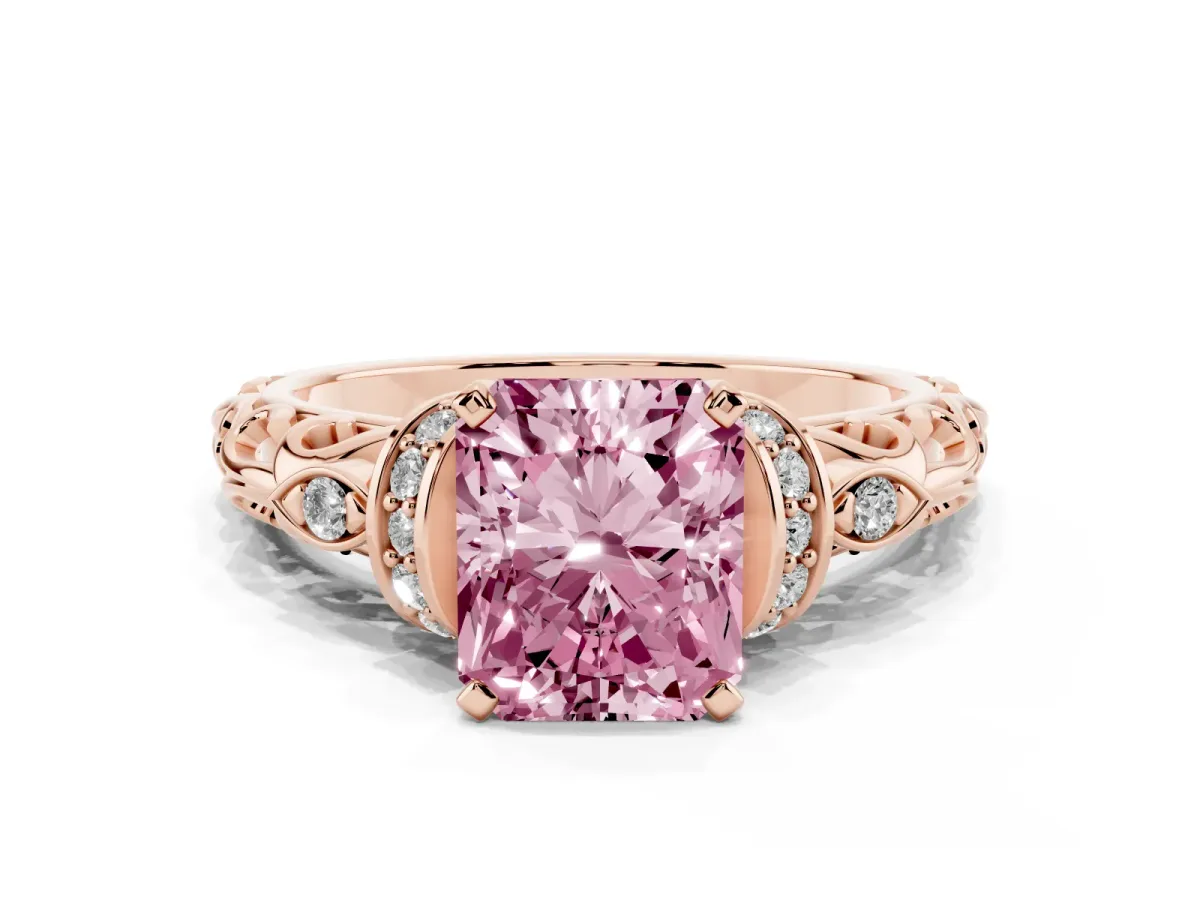 Fancy Pink Radiant Cut Diamond Solitaire Ring with Filigree Band and Four-Prong Setting Rose gold