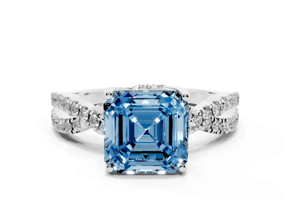 Fancy Blue Asscher Cut Solitaire Twist Pave Diamond Engagement Ring with Prong Setting Platinum