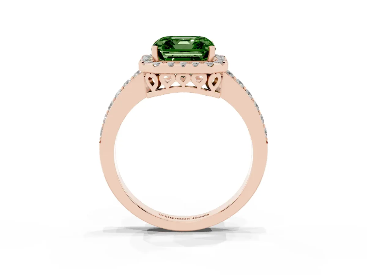 Fancy Green Asscher Cut Halo Diamond Pavé Band Ring with Prong Setting Rose gold