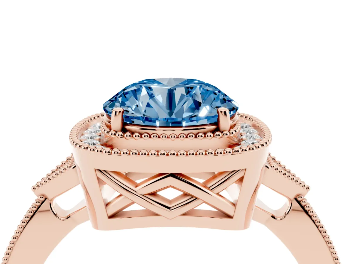 Fancy Blue Round Cut Halo Round Diamond Milgrain Pave Engagement Ring Rose gold