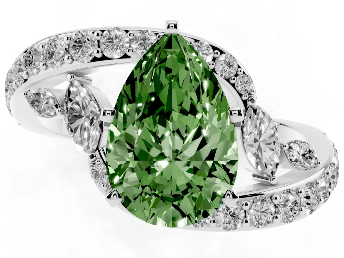Fancy Green Pear Cut Solitaire with Pavé Twist Band and Four-Prong Setting Silver