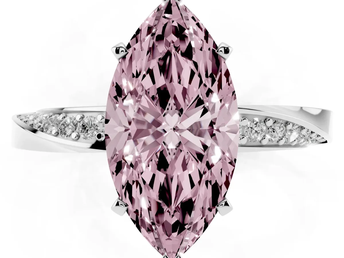 Fancy Pink Marquise Cut Diamond Engagement Ring with Side Stone Accents and Four-Prong Setting Silver
