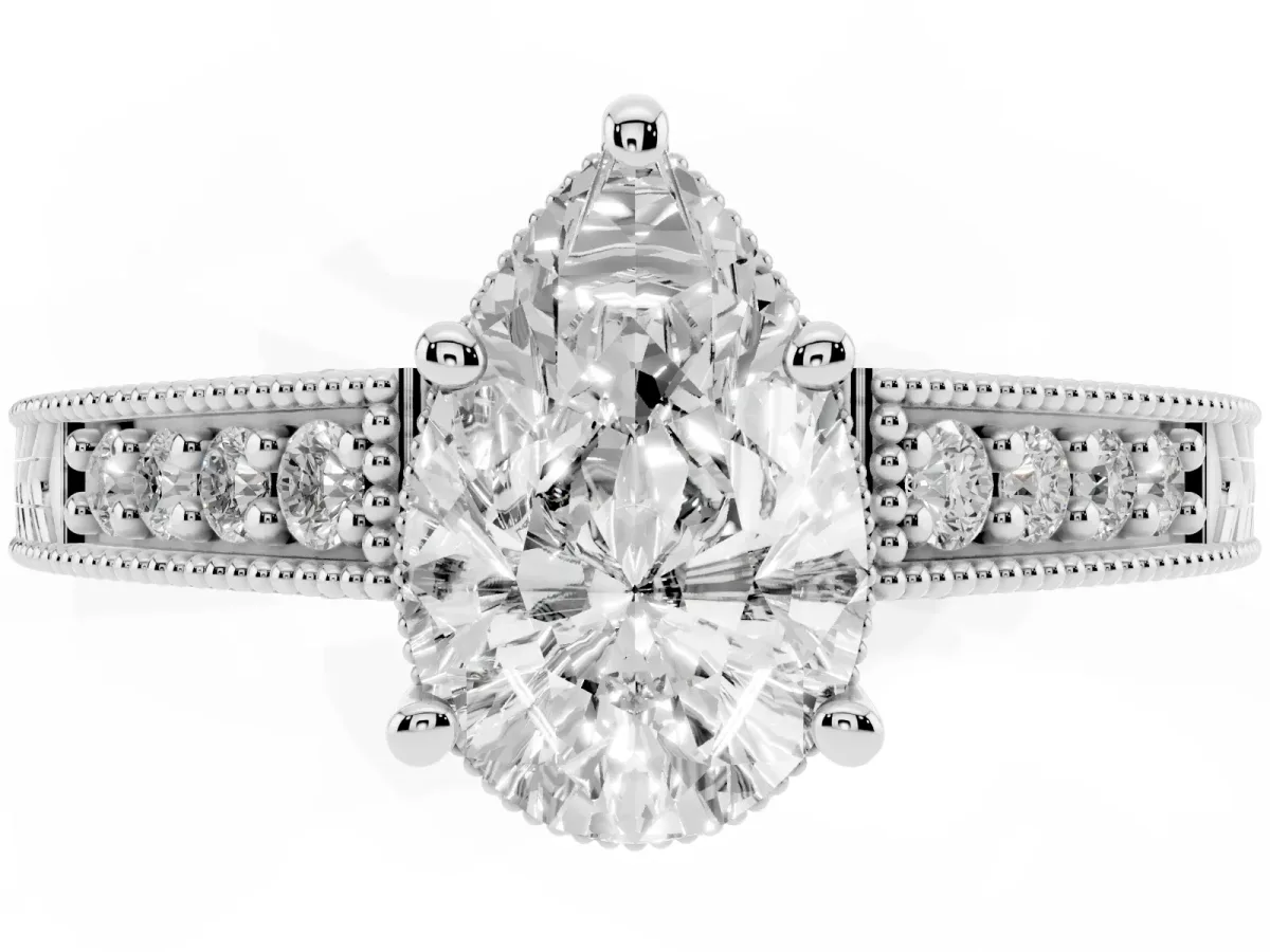 Pear Cut Solitaire Pavé Diamond Milgrain Engagement Ring with Four-Prong Setting Silver