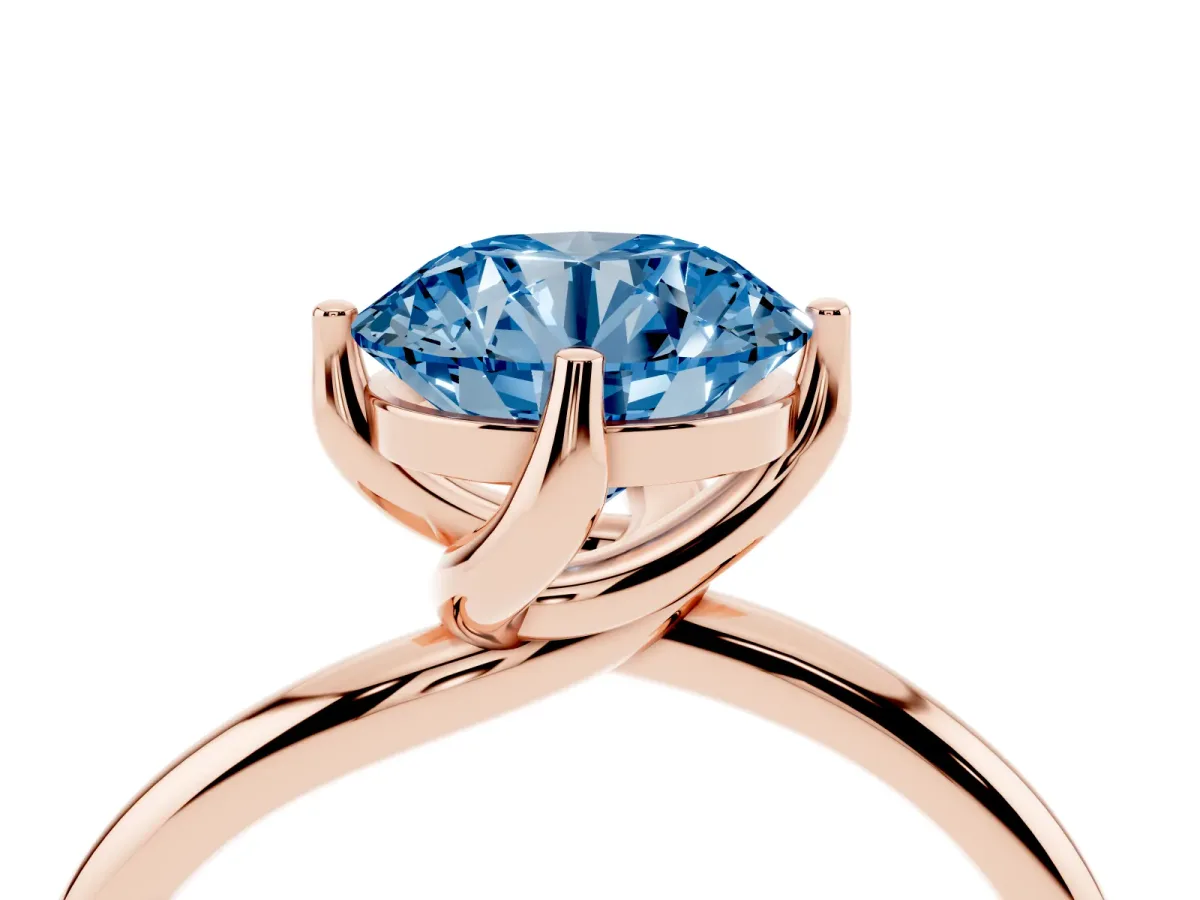 Fancy Blue Round Cut Diamond Solitaire Engagement Ring with Four-Prong Setting and Classic Band Rose gold