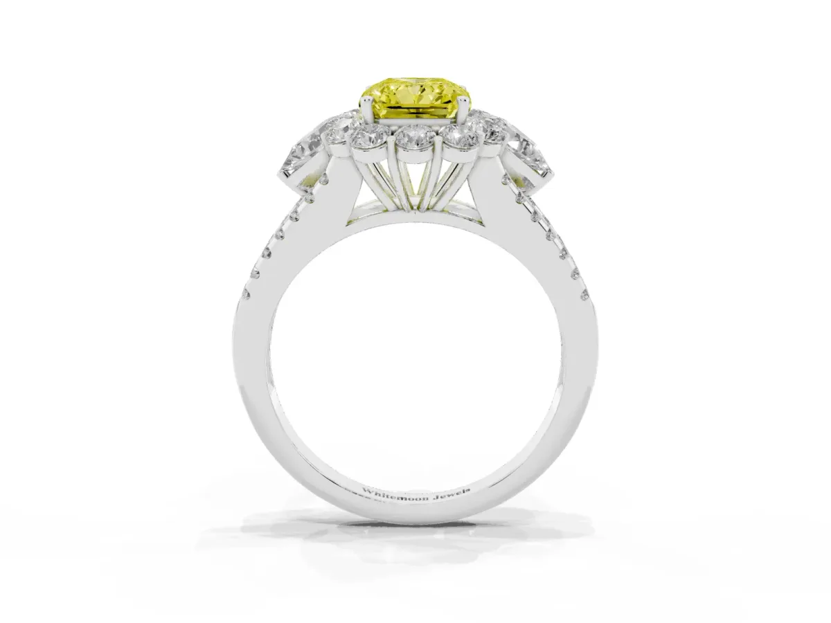 Fancy Yellow Radiant Cut Halo Split Shank Diamond Engagement Ring with Prong Setting Silver