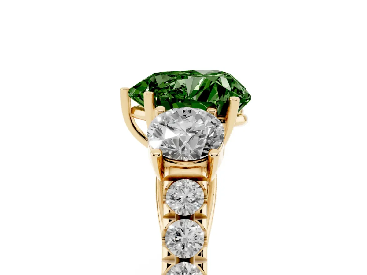 Fancy Green Heart Cut Cut Diamond Three-Stone Ring with Round Side Stones and Pavé Band Yellow gold