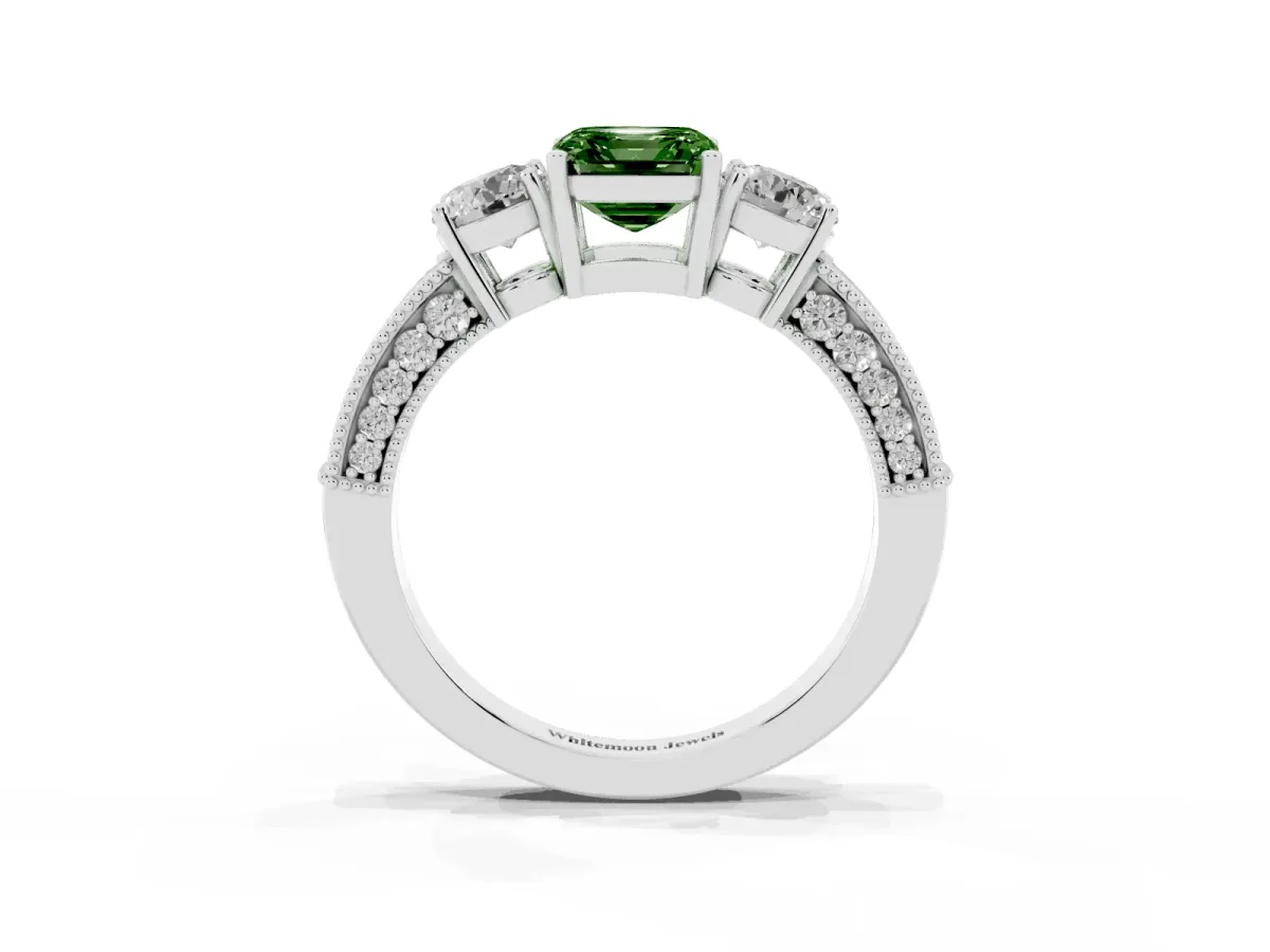 Fancy Green Asscher Cut Three-Stone Diamond Ring with Pavé Band and Four-Prong Setting Silver