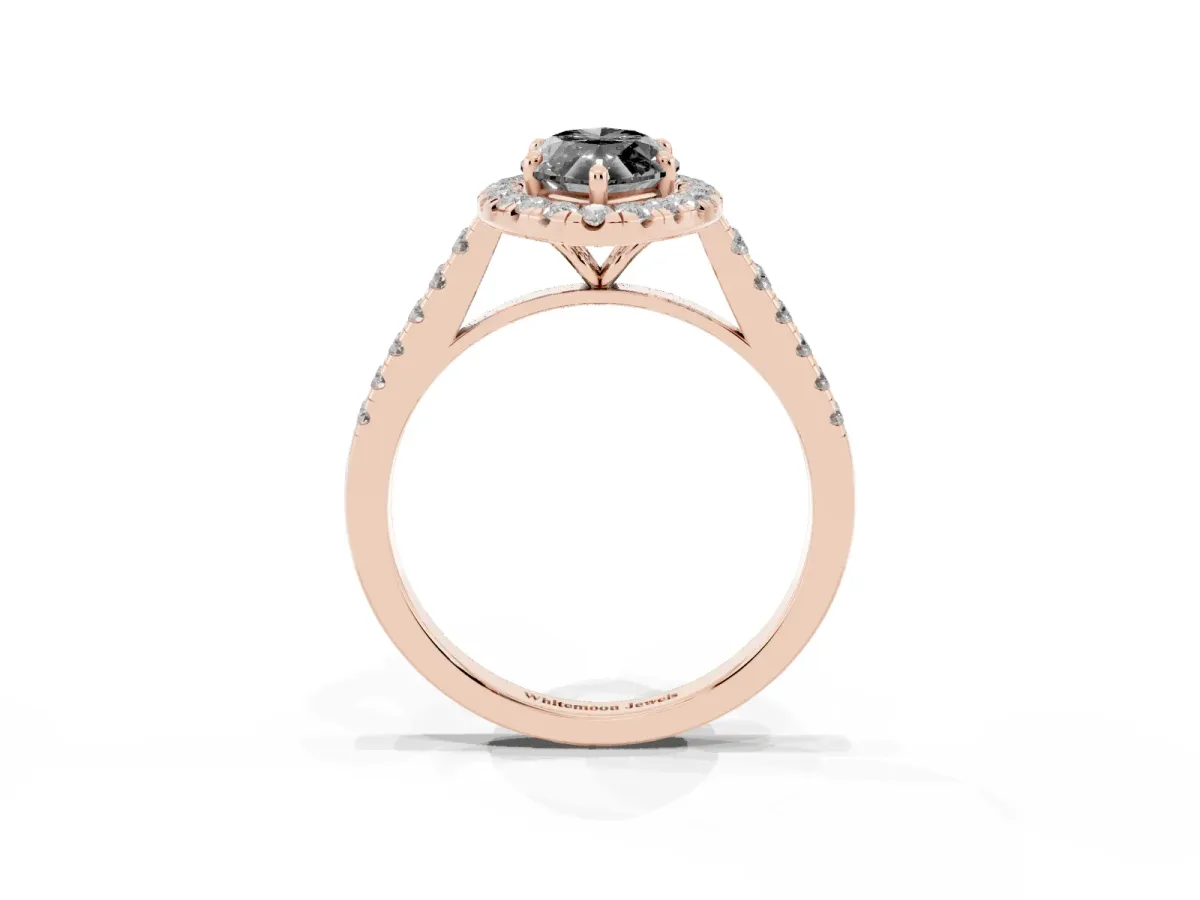 Fancy Black Marquise Cut Halo Pave Diamond Engagement Ring with Four-Prong Setting Rose gold