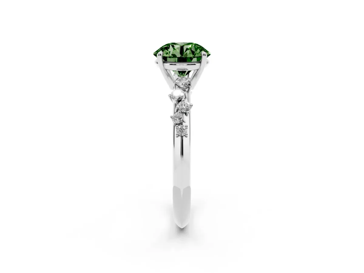 Fancy Green Round Cut Diamond Cluster Side Stone Solitaire Ring with Prong Setting Platinum