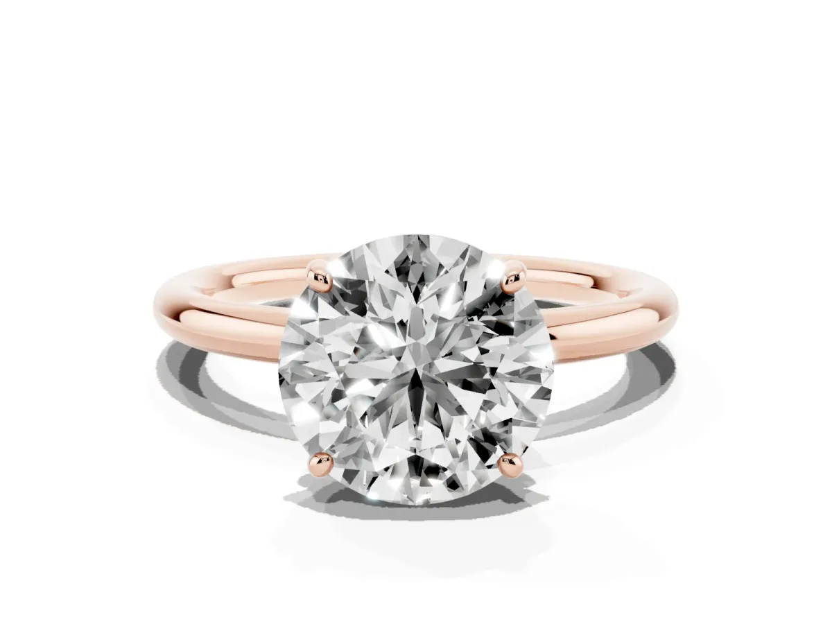 Round Cut Solitaire Diamond Ring with Four-Prong Setting on a Plain Band Rose gold