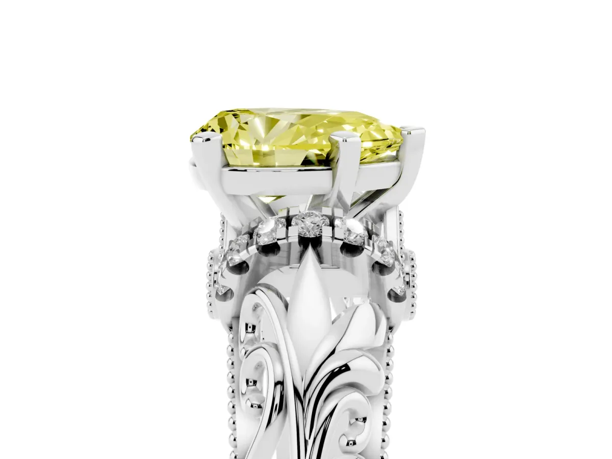 Fancy Yellow Pear Cut Solitaire Filigree Engagement Ring with Halo and Prong Setting Silver